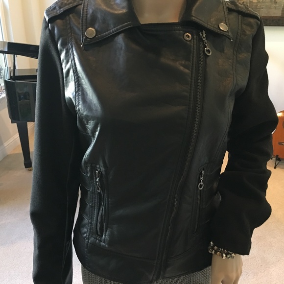Faux Leather Biker Jacket w/Felted Wool Trim - Picture 3 of 7